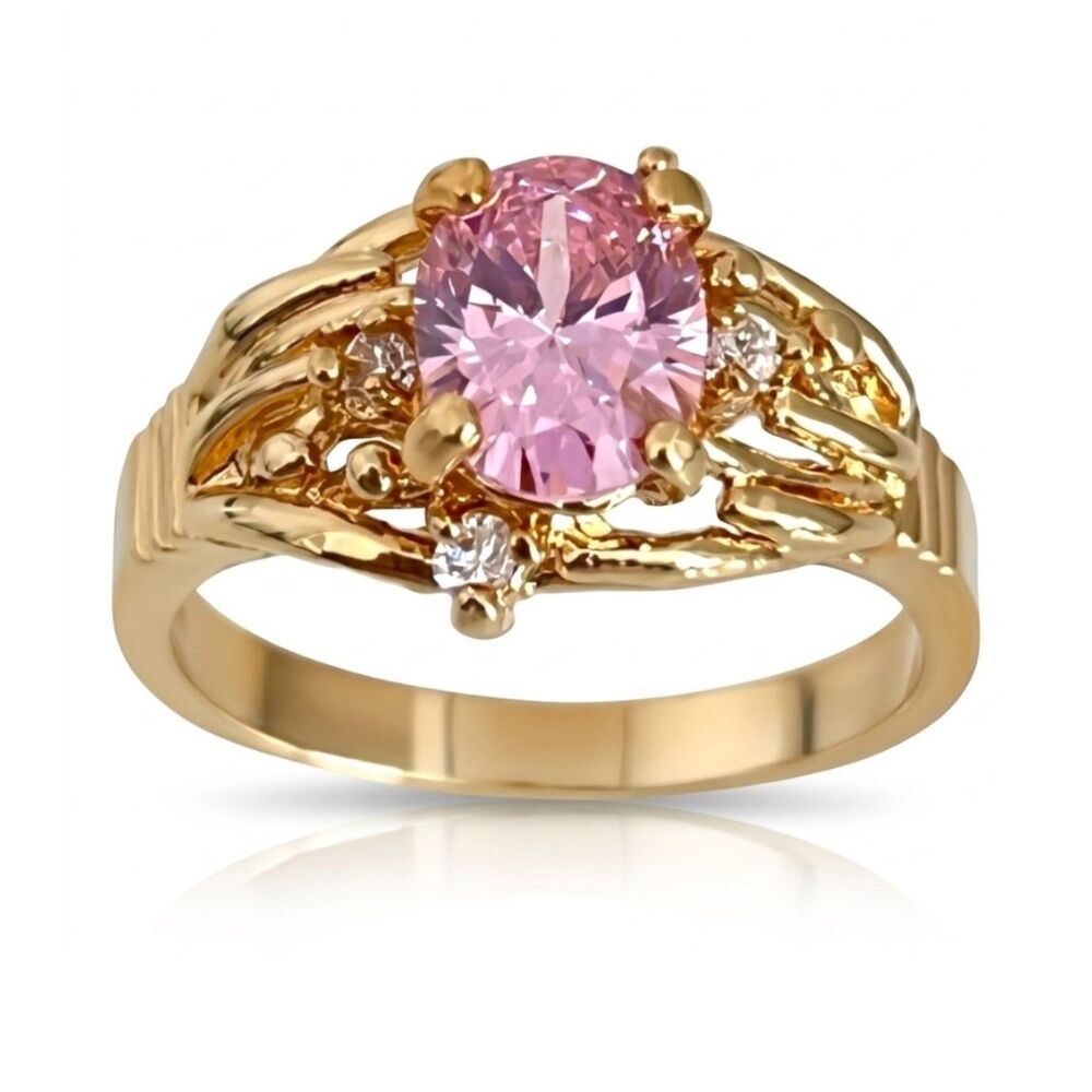 Vintage 1980s Cocktail Ring Size 5 Pink Cubic Zirconia 14KTGE Gold - 14C